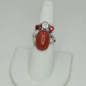 Vintage Artisan Ring Coral Look & Rhinestones Sterling  Avant-garde